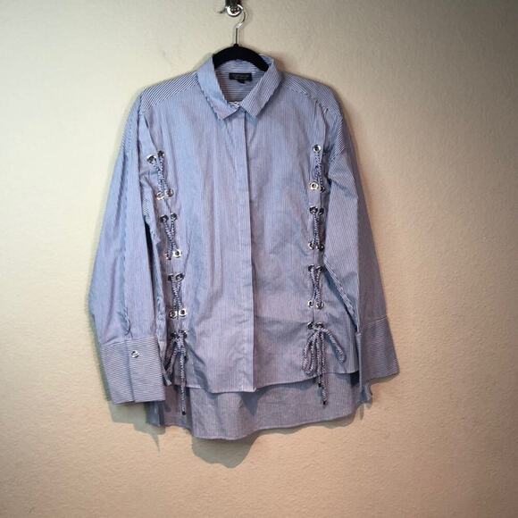 Topshop Striped Lace Up Poplin Button Down Shirt - Picture 9 of 12